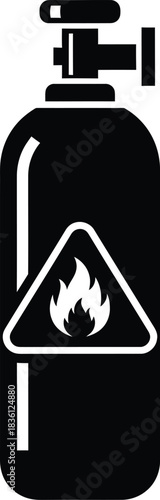 Black and white icon of a pressurized gas cylinder with a flammable material warning sign, simple graphic design
