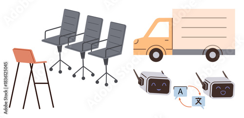 Office chairs, stool, delivery truck, and chatbots exchanging dialogues with translation arrows. Ideal for office design, logistics, teamwork, language translation, AI delivery corporate culture