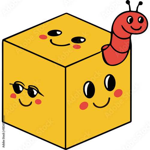 Cheerful yellow cube with cute faces and a playful red worm peeking over the edge against a stark black background