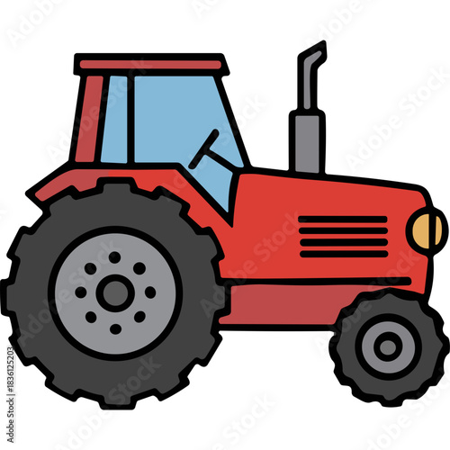 Classic Red Tractor Agricultural Vehicle With Large Rear Wheels And Blue Glass Cabin Isolated On Black Background Simple Flat Design