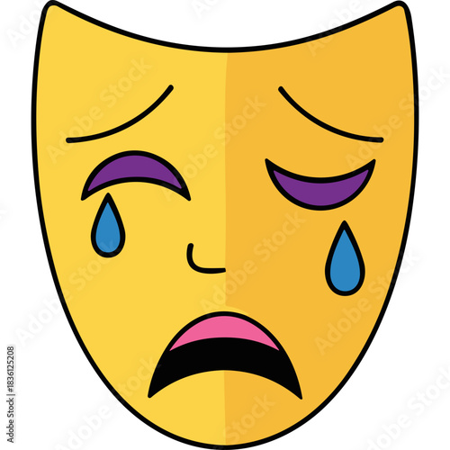 Classic Theater Tragedy Mask with Yellow Hue and Purple Eye Details Depicting Sadness and Tears against a Black Background with Simple Flat Design and Expressive Face Elements