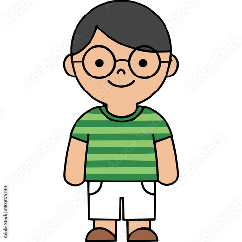 Cartoon boy wearing glasses and a green striped shirt with white shorts and brown shoes smiling happily in a full body studio shot with a black background