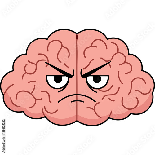 Cartoon Brain Character With Angry Expression Pink Lobes and Black Background Vector Art