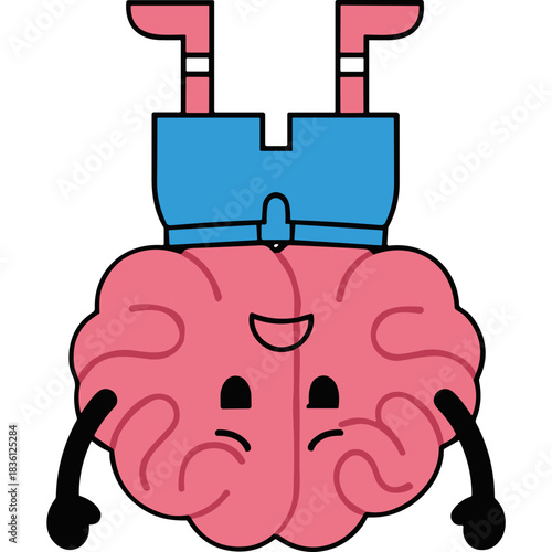 Cartoon Brain Character With Happy Face Wearing Blue Shorts and Pink Striped Socks Upside Down Against Black Background Simplified Cute Style