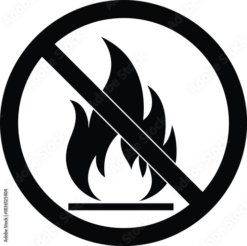 Black and white prohibition sign indicating no open flame or fire allowed