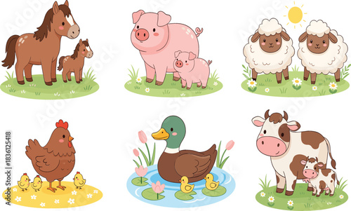 Large Collection of Cute Cartoon Farm Animals and Their Babies, Including Horse, Pig, Cow, Sheep, Chicken, and Duck, Ideal for Children's Books and Education.