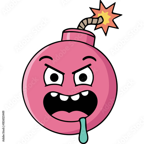 Cartoon Pink Bomb Character With Angry Face And Drool Isolated On Black Background
