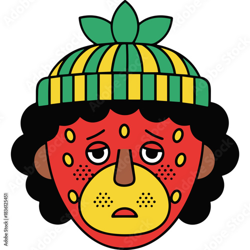 Close Up Sad Face Mask With Green Yellow Striped Beanie Detailed Red Yellow Patterned Face Black Curly Hair Isolated On Black Background