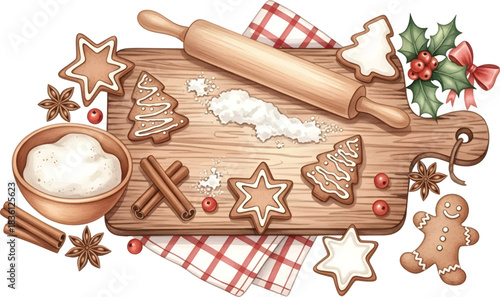 Vector Illustration Artwork Festive Christmas Gingerbread Baking Scene