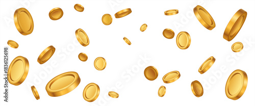 Vector gold coins fall from the sky. PNG money, png coins. Explosion of coins on isolated transparent background. Easy Money. Vector 10 eps.