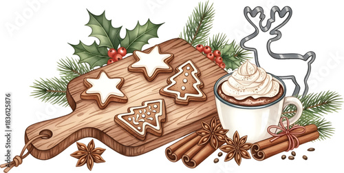 Vector Illustration Festive Gingerbread and Hot Cocoa Scene