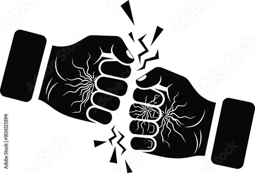 Black and white vector illustration of two fists colliding with energy sparks, symbolizing conflict, confrontation, or a strong agreement