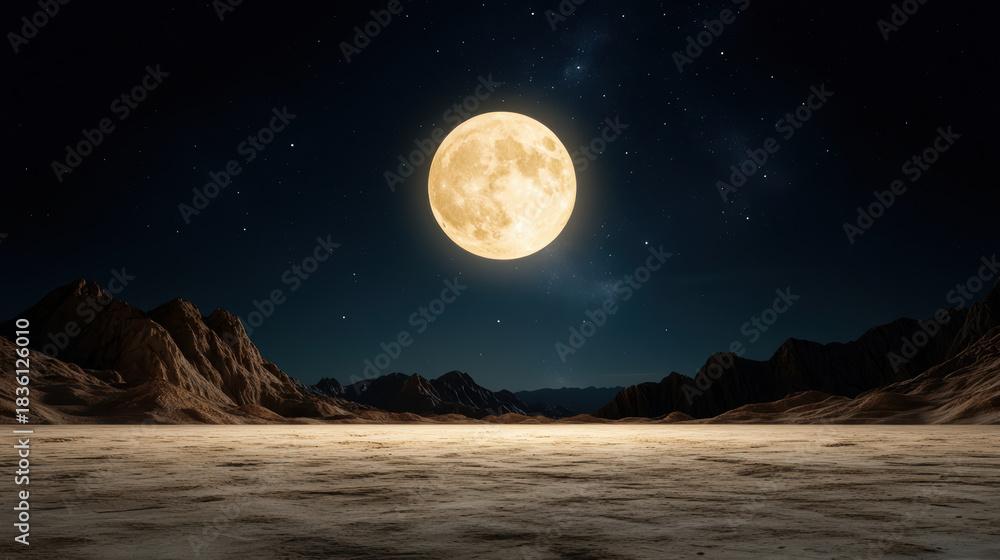 Fototapeta premium Full moon over desert plain with rocky mountains under starry night sky, serene glow