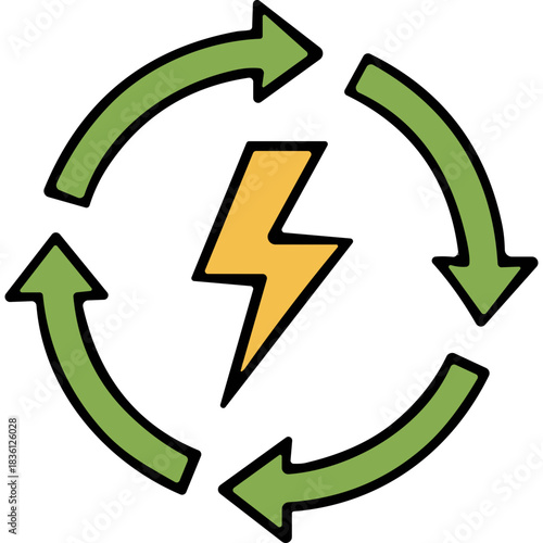 Circular Arrow Icon Around Yellow Lightning Bolt Symbol Representing Renewable Energy And Sustainable Power Generation Against A Black Background