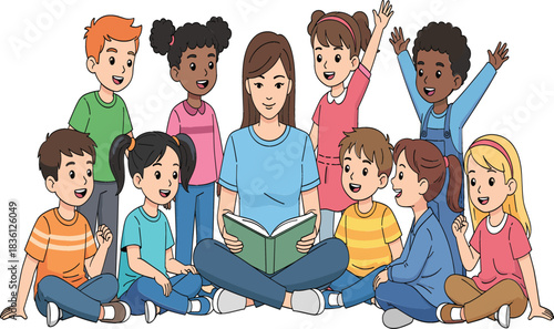 Diverse Group of Happy School Children and Kindergarten Students Sitting on the Floor with Teacher Reading a Book, Illustrating Early Childhood Education and Learning