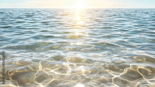 Fototapeta Naklejka Na Ścianę i Meble -  Gentle warm light dancing on water blank center zone sunlit sea reflection