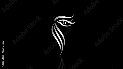Abstract elegant silver eye graphic with flowing metallic lines and subtle reflection on a black background, representing vision and sophistication.