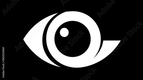 Stylized white eye icon on black background, representing vision, sight, security, privacy, observation, and digital viewing.