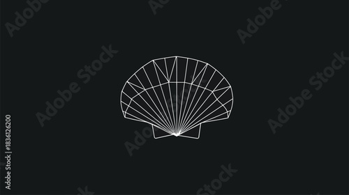 Geometric wireframe scallop seashell icon on a dark background. Abstract minimalist digital art of marine ocean life symbol.