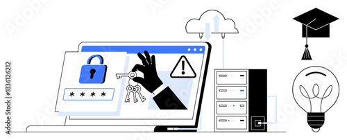 Cybersecurity, IT security, password management, online safety, education, innovation. Hand holding keys near a protected screen and server. Cybersecurity and IT security concepts