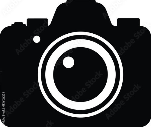 Simple black and white silhouette icon of a professional digital single lens reflex camera body with a prominent lens element, perfect for photography concept design