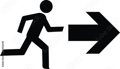 Black silhouette icon of a running person pointing towards a large right arrow, for emergency exit or direction concept