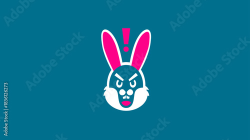 Furious cartoon rabbit head with an exclamation mark, vector illustration in a flat design style on a teal background.
