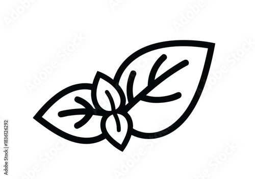 Fresh basil sprig icon for modern recipes and culinary design, minimalist herb illustration for food blogs and healthy lifestyle brands, black and white