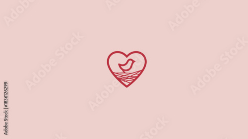 Minimalist red line art illustration of a heart containing a small bird in a nest, symbolizing love, care, sanctuary, and home on a soft pink background.