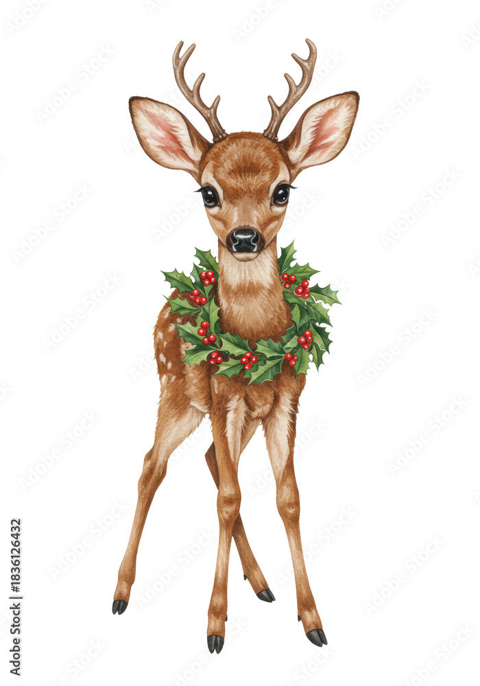 Fototapeta premium cute baby reindeer fawn with soft brown fur, wearing a detailed watercolor holly and red berry wreath, isolated on a stark white background with copy space. concept of the christmas holiday atmosphere