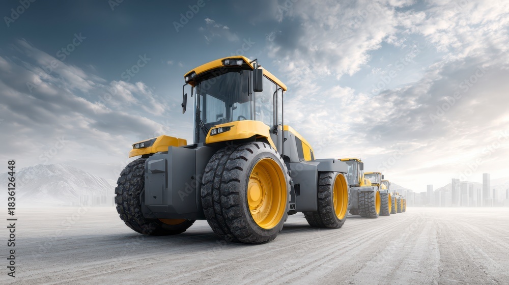Fototapeta premium Heavy Machinery on Industrial Landscape: A fleet of robust, yellow heavy machinery stands in formation on a vast industrial landscape, symbolizing progress and construction under a dynamic sky.