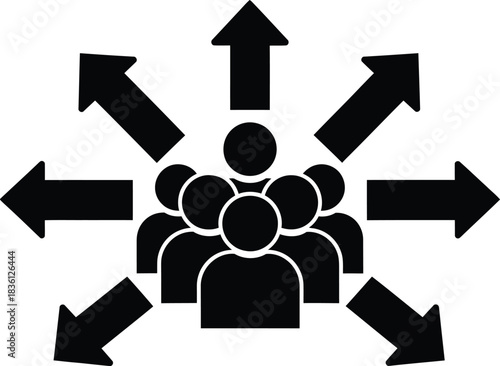 Silhouette of a group of people with arrows pointing outward in all directions representing distribution, communication, expansion, or network connection
