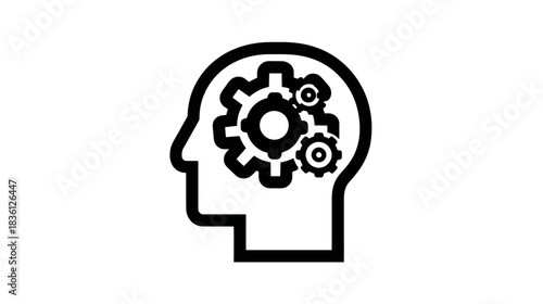 Thinking process icon: Human head silhouette with internal gears symbolizing intelligence, logic, mental power, and problem-solving.