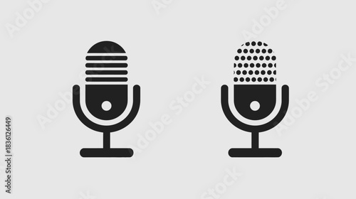 Set of black flat vector microphone icons representing audio recording, voice, podcasting, and communication