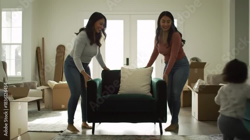 Family moving furniture inside a bright home with open boxes and sunlight