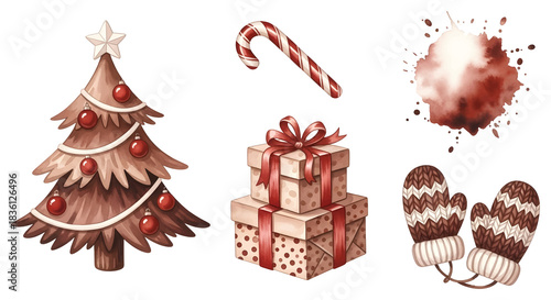 Cozy Brown and Red Christmas Holiday Elements Collection