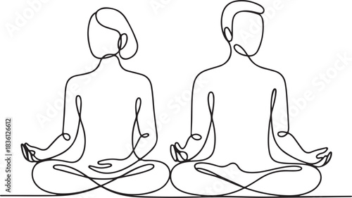 Continuous Line Art Illustration of Two People Meditating Side by Side in Organic Sketch Contour