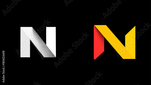 Abstract letter N design element, geometric folded paper style in white and red-yellow, isolated on black background, graphic icon concept.