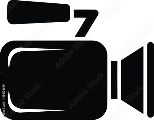 Simple black and white silhouette icon representing a video camera or movie projector, perfect for media, film, recording, or production concepts