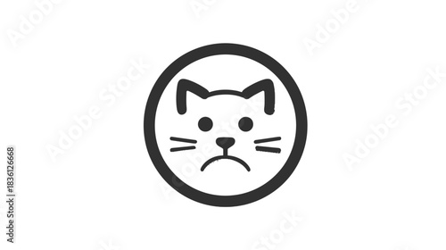 Sad cat icon in a circle. Simple black and white graphic vector illustration of an unhappy feline face, denoting negative emotion.