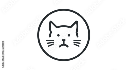 Simple line art icon of a sad cat face in a circle, depicting feline sorrow, pet emotions, and animal welfare graphics.
