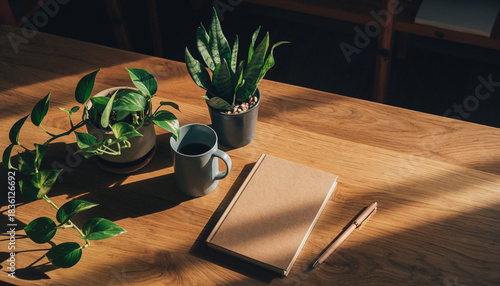 Cozy Workspace with Green Plants, Coffee Cup and Notebook in Warm Sunlight