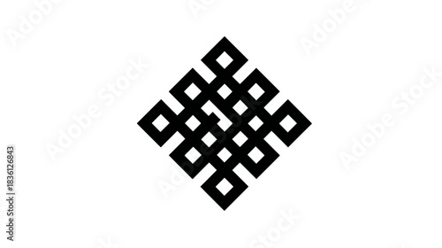 Abstract Black Endless Knot Symbol on White. Geometric Spiritual Icon Representing Eternity, Interconnectedness, and Wisdom.