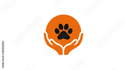 Hands cradling paw print in orange circle, symbolizing animal care, pet protection, rescue, adoption, and veterinary support.