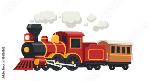 A vibrant cartoon illustration of a classic red and black steam train with a passenger car, emitting white smoke, on a white background.