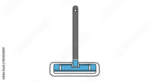 A simple illustration of a modern flat mop with a long handle and a blue head.