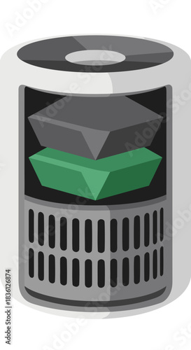 Cross-section view of an air purifier showing its internal filtration layers and components.