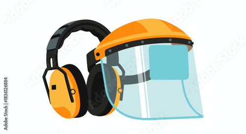 Personal protective equipment including earmuffs and a hard hat with face shield for safety.