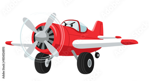 Illustration of a red propeller plane with an angry or serious facial expression. The plane has a retro design with large wheels and white wings.