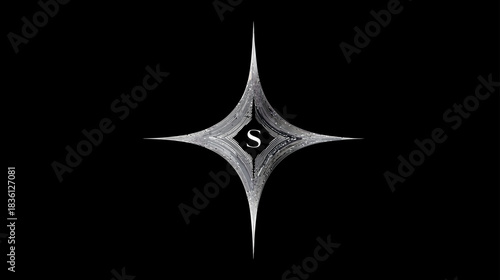 Shimmering metallic silver-grey four-pointed star with elegant letter S on black background. Abstract luxurious futuristic design element.